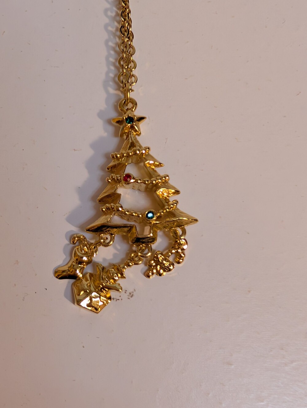 Avon Gold-Tone Christmas Tree Pendant Necklace with Multicolor Accents